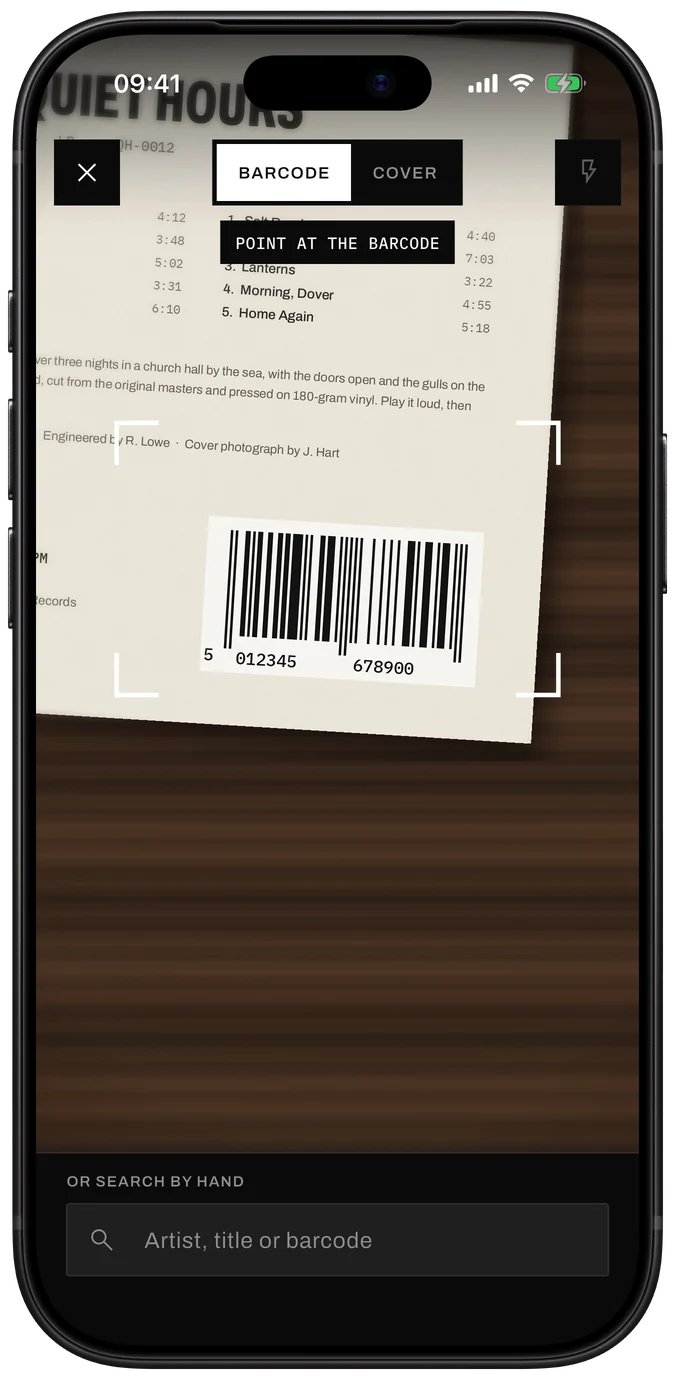Sleevewise scanner in Barcode mode, framing the barcode on the back of a record sleeve
